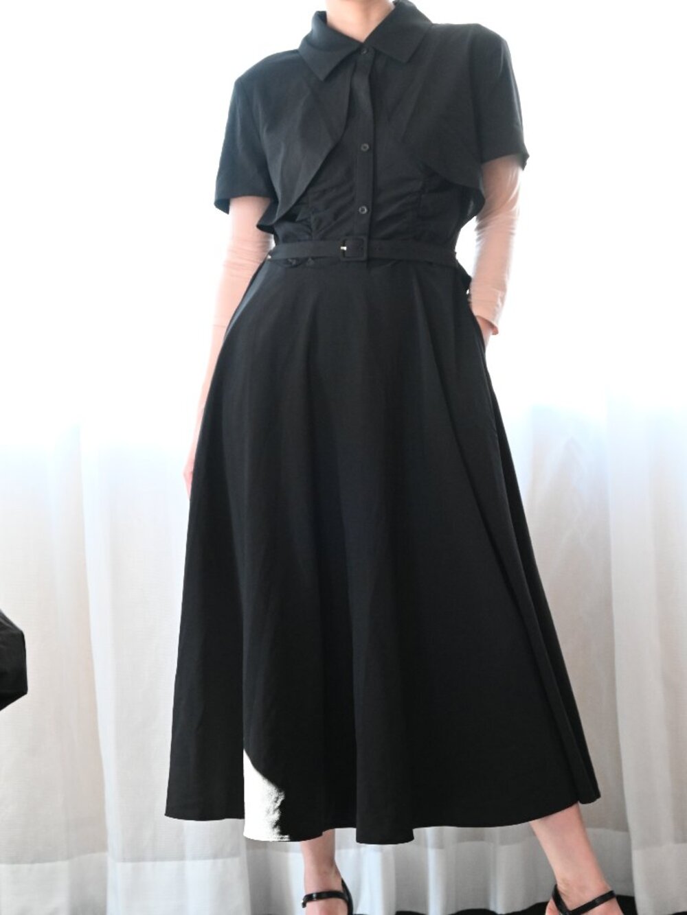 Elegant Black Midi/Maxi Shirt Dress • Belted • Dramatic Overlay Collar • Pockets